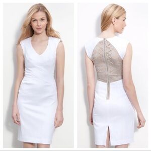 Black Halo Ivory And Gold Lace Back Dress Women’s Size 10 Career Conservative